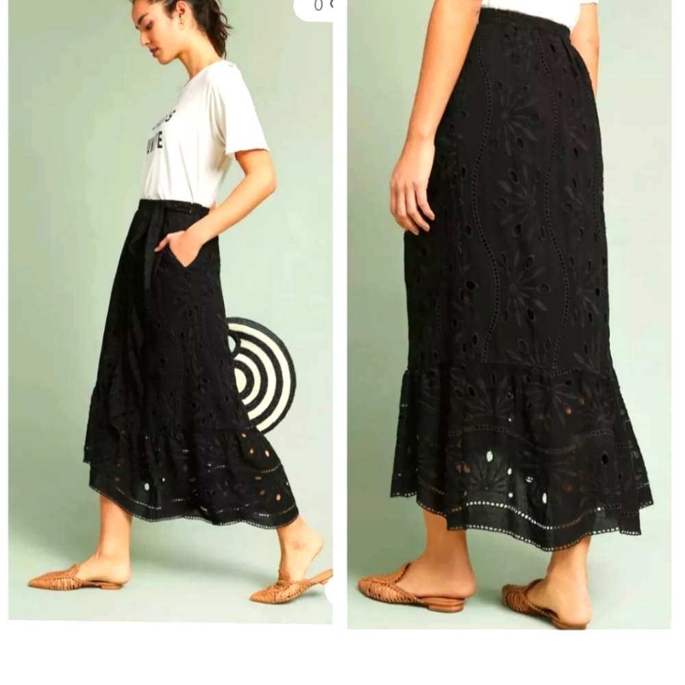 Maeve Black Embroidered Trumpet Maxi Skirt